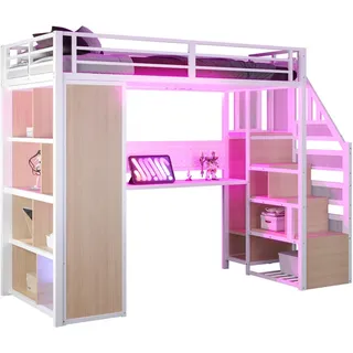 Wishdor Hochbett 90/200 cm in Weiß mit Treppe, Schrank, Schreibtisch, LED und Stecktafel , Metall, Holzwerkstoff , Rechteckig , 90x200 cm , Babymöbel & Kindermöbel, Kinderzimmer & Jugendzimmer, Kinderbetten, Hochbetten