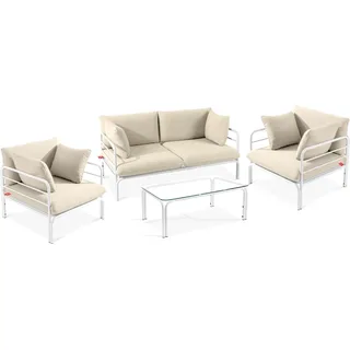 Gartenmöbelset RAMBE 4-tlg. 1x Tisch 2x Sessel 1x Sofa 2-Sitzer, mit Kissen, LOFT-STIL, Weiß/Cremeweiß - Creme