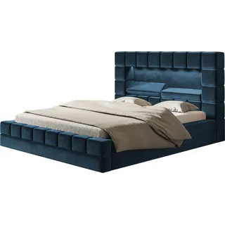 Polsterbett HILTON 120 x 200 cm mit LED Beleuchtung, Doppelbett inkl. Bettkasten und Lattenrost, Farbe Blau - Blau