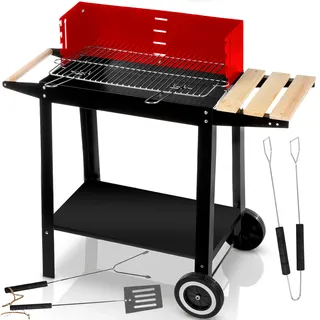 Five-Star Grill&Chill Holzkohlegrill – Verchromter Doppelrost 50 × 26,5 cm, 4-fach höhenverstellbar – Mobil mit Rädern & Holzablage – Für Garten, Balkon & Camping – Emaillierte Feuerschale
