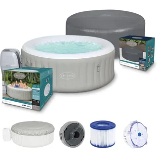 Bestway LAY-Z-SPA Tahiti AirjetTM Whirlpool, 180 x 66 cm, 2-4 Personen, rund, hellgrau + Xtras EnerySense Thermo-Komplettabdeckung Ø 180 x 66 cm, rund