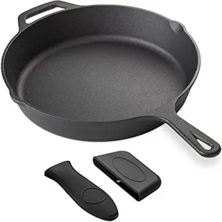 Gusseisen Wok, eingeölt, mit abnehmbaren Silikongriffen, für Induktion, Gas, Backofen & Grill - Schwarz