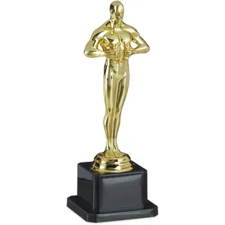 Relaxdays Siegerfigur, quadratischer Sockel, Figur mit Kranz, Siegertrophäe, Hollywood, 18,5 cm groß, gold