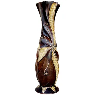 POPGRAT Große Bodenvase, 61 cm, handgefertigt, Holz, dekorative große braune Vasen mit gewebten Bambusstreifen, breite Öffnung, Eckvase für Wohnzimmer, Heimdekoration, Pampasgras, Flur
