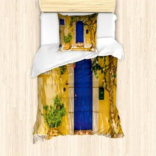 ABAKUHAUS Gelb und Blau Mantele, Greek House, Milbensicher Allergiker geeignet mit Kissenbezügen, 135 cm x 200 cm - 80 x 80 cm, Mehrfarbig