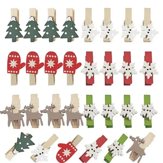 60 Stück Weihnachten Holzklammern, Dekoklammern Mini Clips Wäscheklammern Adventskalender DIY Foto Pegs für Weihnachtsbaum Hängendes Foto Partydekor