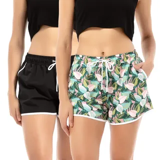 riemot 2er Pack Badeshorts Damen Schnelltrocknend Strandshorts mit Elastischem Bund, Schwimmshorts mit Mesh-Innenfutter, Sommer Shorts für Strand, Urlaub und Freizeit,Schwarz Blattmuster,M
