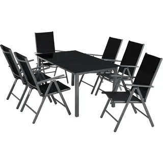 tectake Sitzgruppe 6+1, Aluminium anthrazit, 150 x 90 cm, Tisch mit Glasplatte, klappbare Stühle , Anthrazit , Kunststoff , Gartenmöbel, Gartengarnituren, Gartenmöbel-Sets