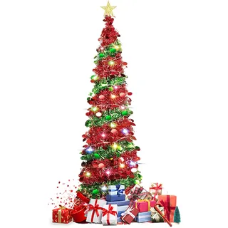 Weihnachtsbaum Künstlich,1,5m Künstlicher Weihnachtsbaum mit 50 LEDs und Stern Spitze,Pop Up Spiral Weihnachtsbaum Künstlicher Tannenbaum Christbaum Dekobaum für Wohnung,Veranda (Pailletten)
