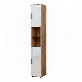 Vicco Badschrank Irma, 30 x 192 cm mit Türen, und offenen Fächern, Eiche/Weiß Hochglanz