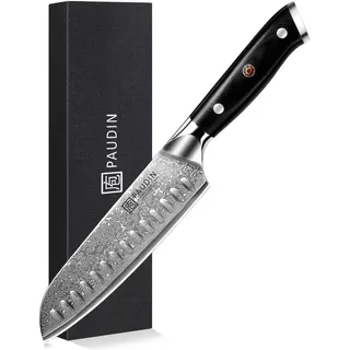 PAUDIN Damast Santokumesser Kochmesser 17cm, profi messer | japanisches Messer mit 67 Lagen Damaszenerstahl, kohlenstoffreichem 10Cr15MoV Stahlkern, ergonomischem G10-Griff