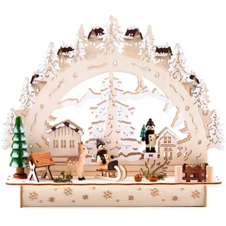 Brubaker LED Lichterbogen Schwibbogen - Winterlandschaft mit Dorf - LED Beleuchtung - Holz 27,5 x 24,5 x 8,7 cm