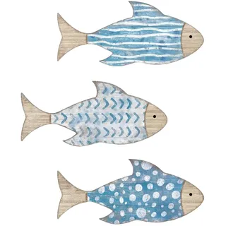 HAMKU 3 Stück Maritime Deko, Wand Deko Holz Fisch Set in Verschiedenen Größen, Maritime Wanddeko für Wohnzimmer, Wanddeko Holz, Schlafzimmer, Badezimmer, Ferienhaus, Küsten Deko