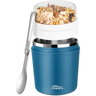 Pameil Müslibecher to go 500ml I Isolierter Edelstahl Joghurtbecher für Müsli I Edelstahl Innenwand Thermobecher Essen I Auslaufsicherer Becher mit Löffel für Yoghurt/Porridge