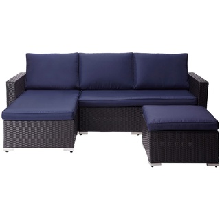 Teamson Home Terrasse Gartenmöbel, 3-Teiliges Rattan Weide Schnitt Set mit 2er-Sofa, Chaiselongue, Tisch und Kissen, Braun/Blau