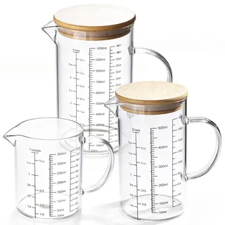 3 Stück Messbecher Glas, 350ml 500ml 1000ml Hitzebeständiges Borosilikatglas mit Griff und Skala, Präzise Messskala Messbecher mit Deckel, Glasmessbecher für Küche und Backen