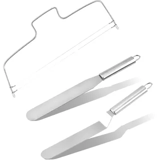 QILUCKY 3-Teiliges Edelstahl Winkelpalette Set Kuchenmesser & Tortenmesser, Tortenbodenteiler/Tortenschneider mit 2 gezahnten Schneiddrähten (Weiß)