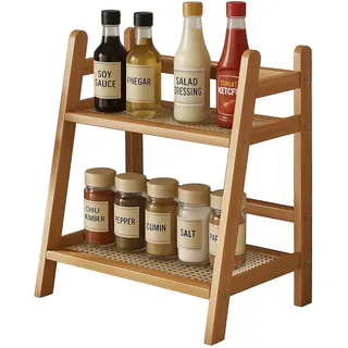 yeesport 2-stöckiges Küchenregal aus Holz, Gewürzregal in Rattanoptik, Gewürzregal, Küchenregal für die Arbeitsplatte, Kaffeebarregal, Teeregal fürs Büro, 28,5 x 17,5 x 27 cm