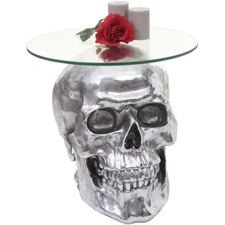 Mendler Beistelltisch Totenkopf HWC-A19, Polyresin Glastisch Wohnzimmertisch, silber 52x55x55cm