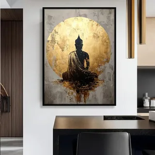 TONGYINLI Großes Buddha-Gemälde, minimalistisches Porträt-Wandbild, goldener Buddha-Kopf, Poster-Kunstwerk für Wohnzimmer-Dekoration, 70 x 100 cm Rahmen