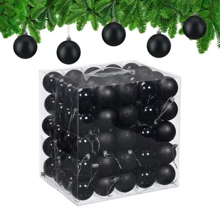 Relaxdays Weihnachtskugeln im 100er Set, Kunststoff, D: 6cm, runde Weihnachtsbaumdeko, Baumschmuck bruchsicher, schwarz