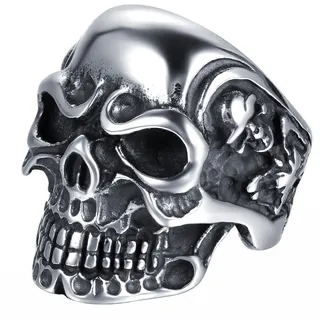 JewelryWe Schmuck Herren-Ring Edelstahl Biker Gotik Totenkopf Schädel Skull Ring Band mit Gravur für Halloween, Schwarz Silber Größe 66