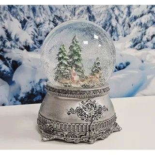 Schneekugel Weihnachten Musik | Nostalgie Schneekugel Kutschfahrt Schlittenfahrt | Zinnoptik Sockel verziert | Spieluhr | Breite: 10cm Höhe: 14cm | Schüttelkugel | 20312