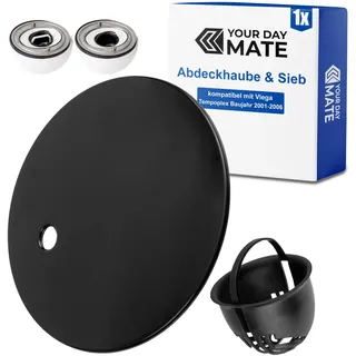 Abdeckhaube Set mit Haarsieb für Duschabfluss, Ø 112 mm, kompatibel mit Viega Tempoplex Ablauf Baujahr 2001-2006, schwarzer ABS ASA Deckel, Haarfilter, Kappe Dusche Abfluss, Garnitur Abdeckung Wanne