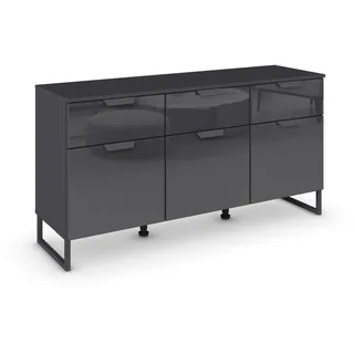 Rauch Möbel Modern by Aditio Sideboard, Kommode, Schubladenschrank, Lowboard, 3-türig, 3 Glastüren, 3 Schubladen, Soft-Close, Kufenfuß, Farbe Glas Basalt/Grau metallic, Schwarz, 140x73x44cm