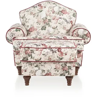 Furn.Design Sessel SET 2-teilig creme Landhaus, Blumen Design 110 cm, Kombination mit Hocker , Creme, Multicolor, Rot , Textil , Echtholz , Floral , rund , 110x96x155 cm , Wohnzimmer, Sessel, Polstersessel