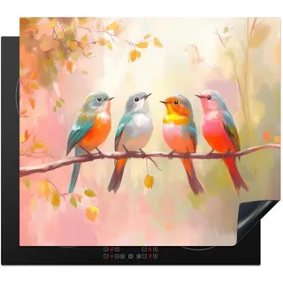 KitchenYeah© Herdabdeckplatte Einteilig Abdeckplatten Glaskeramikkochfeld | 59x52 cm - Abdeckung Glaskeramikkochfeld Herdplattenabdeckung Induktionsmatte Vögel - Bunt - Zweig