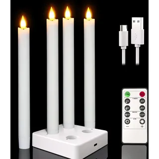 Punasi LED Kerzen Aufladbar mit Ladestation, 4er Echtwachs LED Stabkerzen mit Fernbedienung Timer, Wiederaufladbare Elektrische Kerzen Flackernde Flamme für Zimmer Wohnzimmer Halloween Weihnachtsdeko