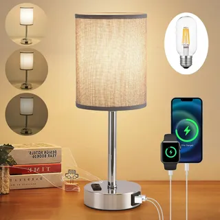 LSWZZ LED Nachttischlampe Touch Dimmbar, Modern Tischlampe mit USB A+C-Ladeanschluss, Leinen Lampenschirm, Metall Basis, kleine Lampe, für Schlafzimmer, Büro, Wohnzimmer, Kinderzimmer (Grau)
