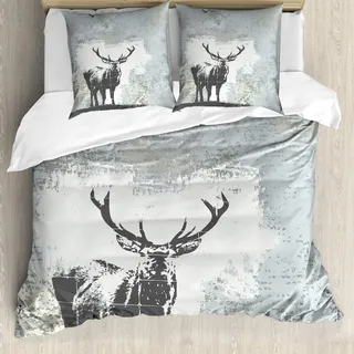 ABAKUHAUS Geweih Bettwäsche Set für Doppelbetten, Hirsch Silhouette Grunge, Weicher Microfaserstoff Allegigeignet kein Verblassen,Grau schwarz