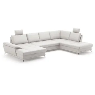 Cavadore Wohnlandschaft Castiel mit Federkern / Sofalandschaft mit XL-Longchair, Sitztiefenverstellung, Kopfstützen und satinierten Metallfüßen / 363 x 89-104 x 223 / Echtleder, Weiß