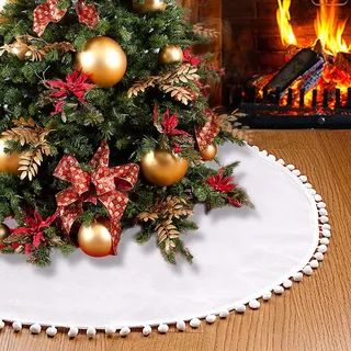 SevenFish Weihnachtsbaumrock, einfarbig, weiß, 76,2 cm, klein, weich, doppellagig, Sackleinen, Bauernhaus-Baumrock mit Bommel für rustikale Weihnachtsdekorationen