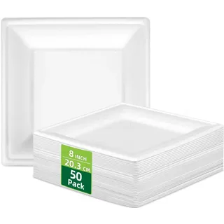 HOMURG Weiße Pappteller Eckig 20x20 cm 50 Stück, Robuste Einwegteller und Dessertteller Viereckig, Kompostierbare Weihnachtsteller und Geburtstagsteller und Partyteller, Camping und Picknick Geschirr