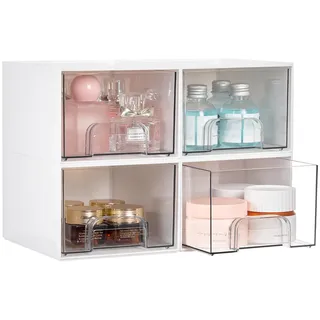 Vtopmart 4er-Set Kleine Stackable Storage Drawers, Acrylic Organiser, Aufbewahrung und Organisation for Dresser, Bathroom, Kosmetik, Küche, Vorratsschrank(Weiß)