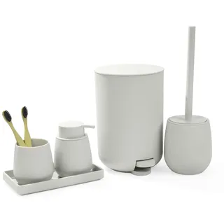 Badset Badezimmer Set Beige, Modern Badausstattung Sets Organizer | AJEUNGAIN Badezimmer Set 5 Teiliges Bad Set Mülleimer Klobürste Seifenspender und Zahnputzbecher Tablett