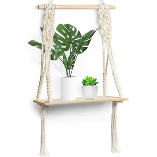 Holz Wandplatte, Boho Makramee Wanddekoration, Wandplatte Wandhängung, Bohemehandel Dekoration für Wohnzimmer, Schlafzimmer, Balkon, Badezimmer, Weihnachten, Handgewebt, Raumsparend, mit LED Magische - Weiß