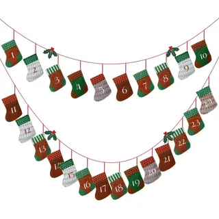 Adventskalender zum Befüllen mit Filz Säckchen, Weihnachtskalender Kette, Kinder Weihnachten Deko 15 x 10 cm - Rot, Grün