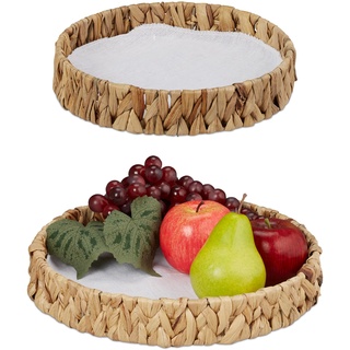 Relaxdays Obstschalen im 2er Set, Dekokörbe für Obst, Brot UVM, aus Wasserhyazinthe, Tischdeko im Boho-Stil, Natur