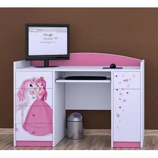 Happy Babies Kinderschreibtisch 125x89x60 Klein Arbeitstisch Büro weiß Rosa Computertisch mit Tastaturablage Kindermöbel mit Schubladen Kinder Muster - Rosa