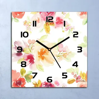 Wanduhr Echt-Glas-Küchenuhr Vintage Blumen Quarz Lautlos 30x30 Deko Bilder - Bunt