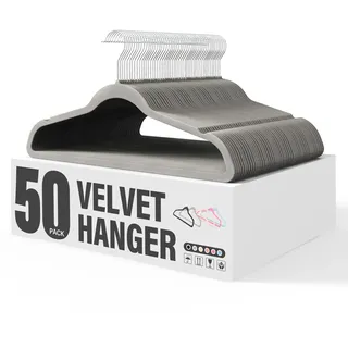 YSSOA Samt-Kleiderbügel, rutschfest, mit Schulterkerben, 360° drehbarer Haken, robuste Standard-Kleiderbügel für Schrank, platzsparend, Grau, 50 Stück