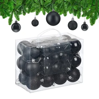 Relaxdays Weihnachtskugeln im 50er Set, Kunststoff, glitzernde, Matte, glänzende Baumkugeln, Christbaumschmuck, schwarz