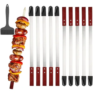 10x40cm Stainless Steel BBQ Skewers 10x Edelstahl Grillspieße + Grillbürste Set – Wiederverwendbare Adana Spieße (40cm) mit Tasche | Ideal für Schaschlik, Kebab & Gemüse