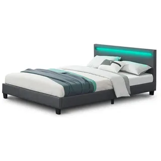 Juskys Polsterbett Paris dunkelgrau 140x200cm mit Matratze und LED (16 Farben) , Grau , Textil , 140x200 cm , Schlafzimmer, Betten, Polsterbetten