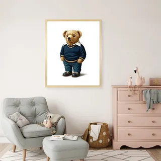 Bild mit Rahmen QUEENCE "Vintage Polo Teddy Bär in Pullover und Hemd", beige (farbe rahmen: beige, farbe bild(er): blau), B:40cm H:50cm T:1,5cm, Acrylglas, Holzrahmen, Bilder, Bild mit Rahmen, HD Premium Poster-Druck inkl. Echtholzrahmen in beige
