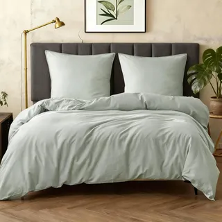 Simple&Opulence Halbleinen Bettwäsche 135x200, Atmungsaktiver Bettbezug Set aus Baumwolle und Leinen mit 80x80 cm Kissenbezug,Oeko-TEX Sommerbettwäsche 2tlg,Mintgrün